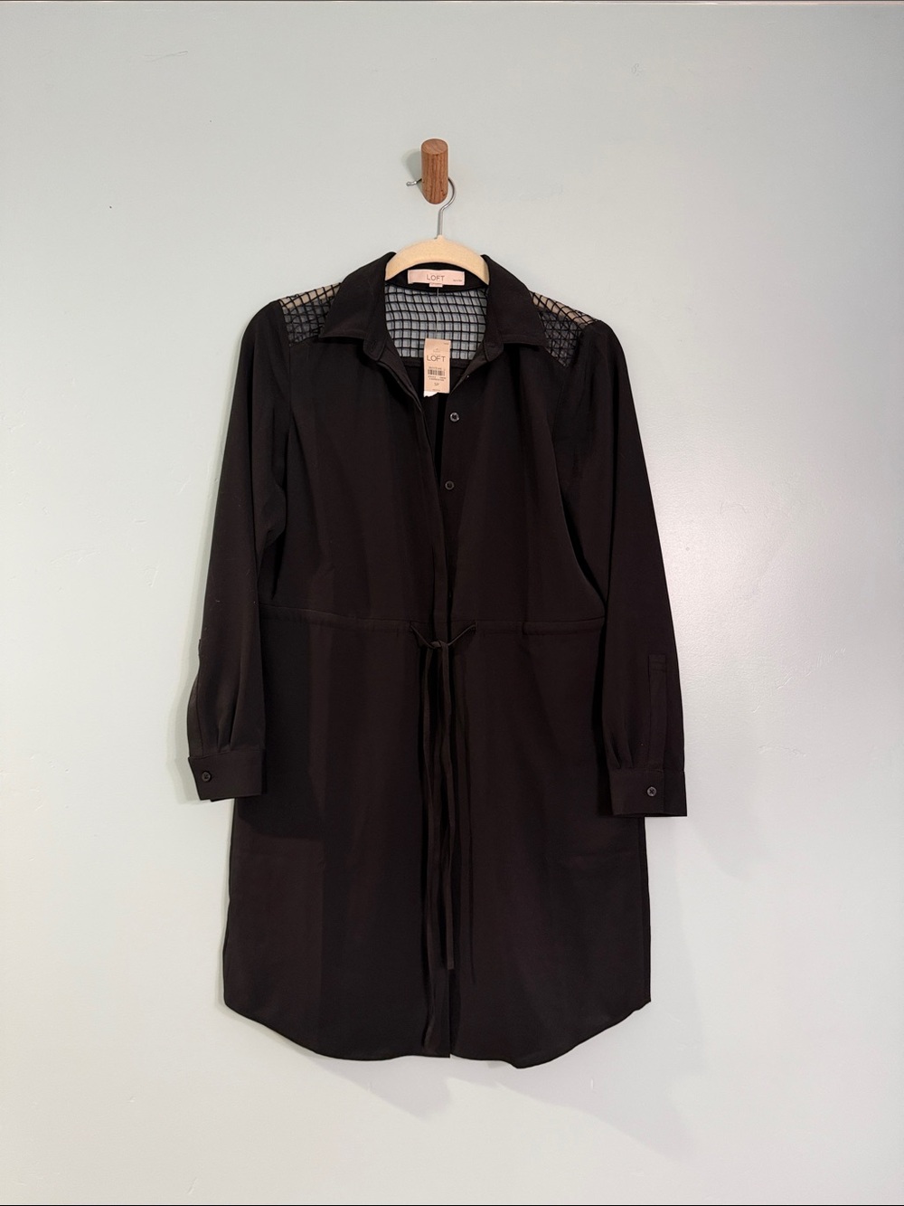 LOFT Black Long Sleeve Shirt Dress with Mesh Yoke
